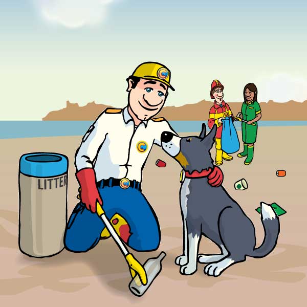 Colin the Coastguard litter picking on the beach